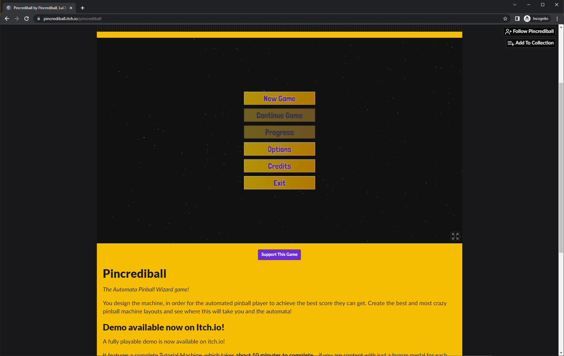 screenshot showing the bare bones game page